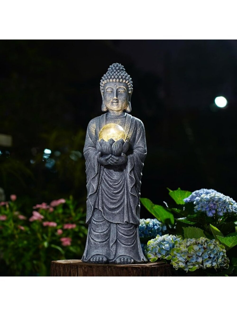 Zen Garden Buddha Statue with Lotus Ball - 18.7'' Solar Outdoor Decor Gift